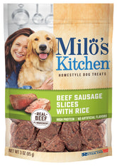Milo's Kitchen real beef sausage slices with rice in a 3oz package for rewards.