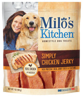 Milo's Kitchen Simply Chicken Jerky 7oz pack front view, ready for sharing.
