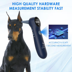 MINDPET-MED ear thermometer shows 1-second measurement for quick checks.