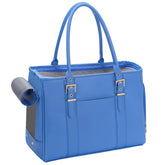 Minsong fashion pet carrier blue side view with breathable mesh and secure interior leash