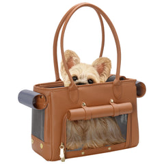 Minsong fashion pet carrier purse brown front view, stylish travel companion for small pets.