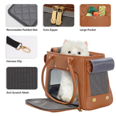 Minsong fashion pet carrier brown mesh ventilation for airflow and comfort.