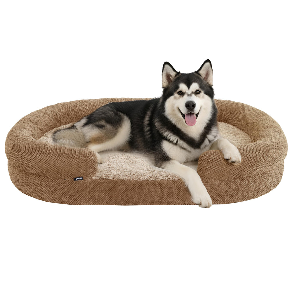 Miorun orthopedic dog bed oval pad emphasizes contour support for hips and spine alignment.