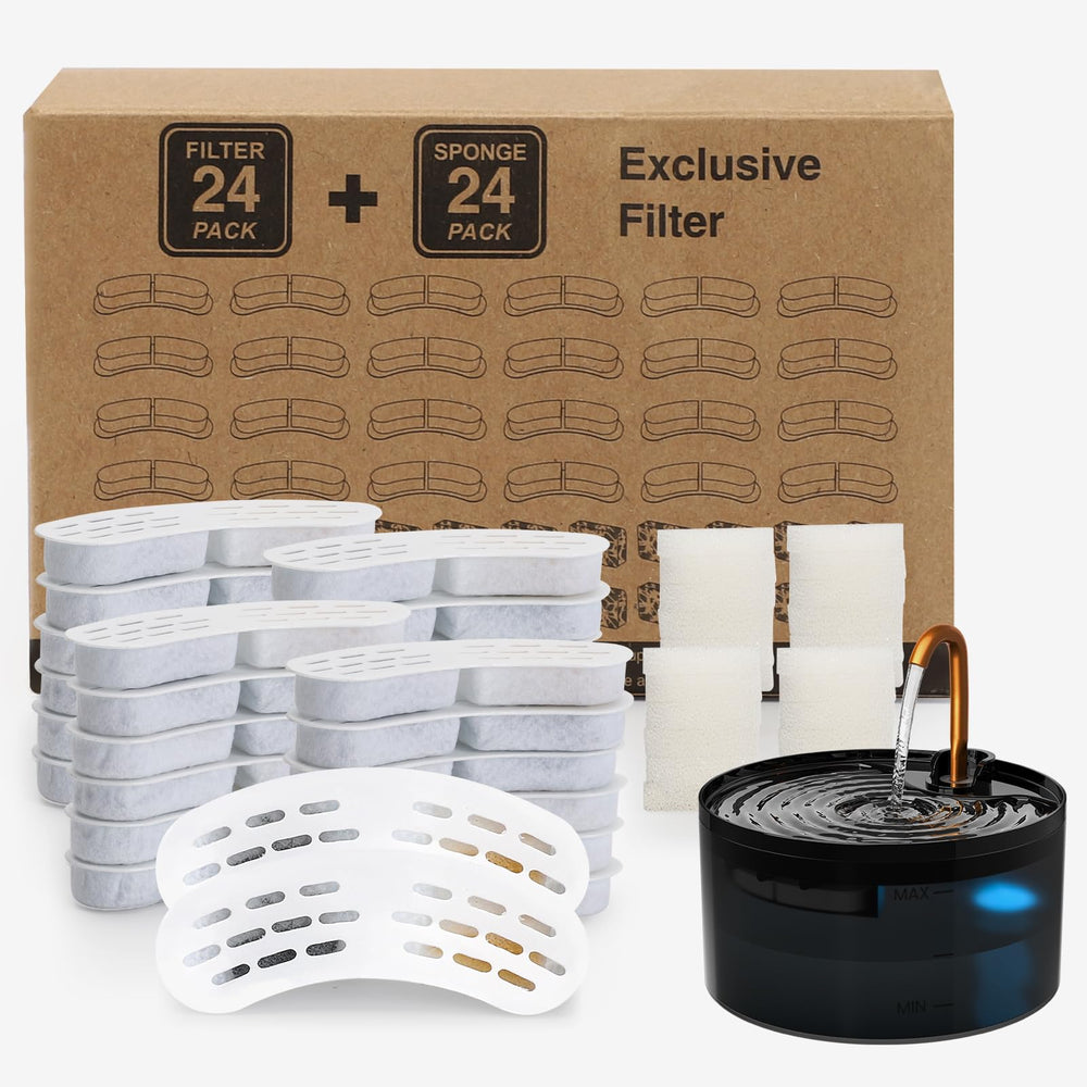 MISFANS cat fountain filter packaging; includes 24 filters and 24 sponges for easy weekly changes.
