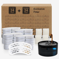 MISFANS cat fountain filter packaging; includes 24 filters and 24 sponges for easy weekly changes.