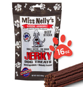 Miss Nelly's beef jerky dog treats bag showing USA-made quality and smoky flavor.