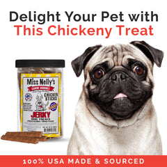 Miss Nelly's Chicken Jerky USA-made label highlights country of origin and small-batch craftsmanship.