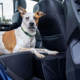 MISTIC COOL dog car seat extender front view shows between-seat security for pups.