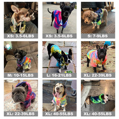 Mklhgty Tie Dye Dog Hoodie back view illustrates full coverage for outdoor warmth.
