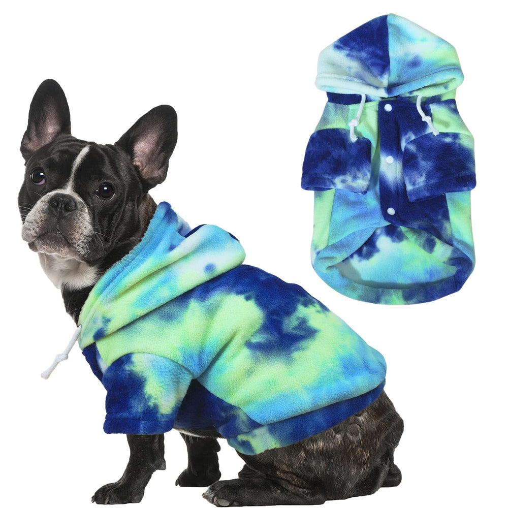 Mklhgty Tie Dye Dog Hoodie front view shows cozy fit for small dogs.