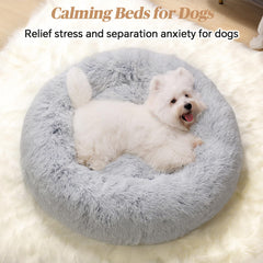 MNWHUC donut-design bed with soft fur cover enhances pet comfort.