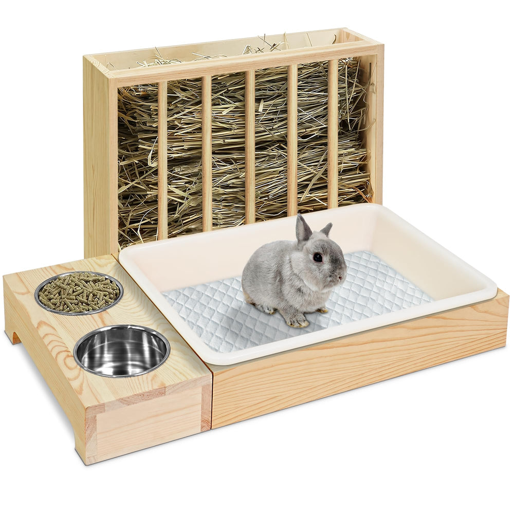 MOBYKE 3-in-1 rabbit hay feeder front view demonstrates sturdy wood for tidy feeding