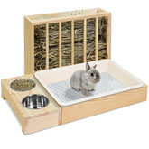 MOBYKE 3-in-1 rabbit hay feeder front view demonstrates sturdy wood for tidy feeding
