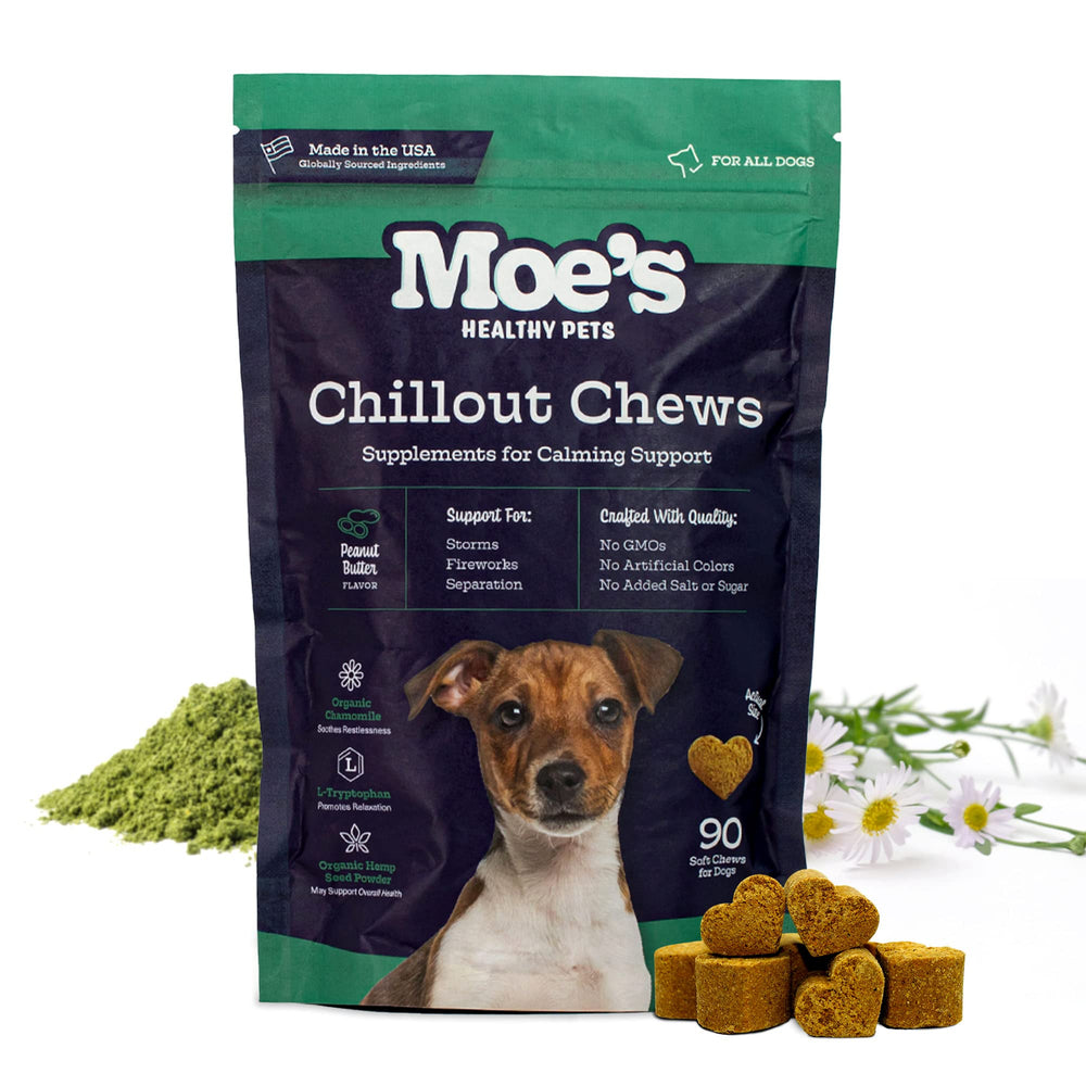 Moe's Calming Chews dog treat bottle on-the-go packaging for quick anxiety relief