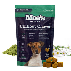 Moe's Calming Chews dog treat bottle on-the-go packaging for quick anxiety relief