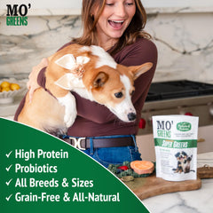 Mo’Greens-all-natural-ingredients-closeup: spinach, wheatgrass, spirulina enrich meals.
