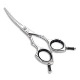 Momotou dog grooming scissors 5inch curve blade closeup for precise trims and smooth glide.