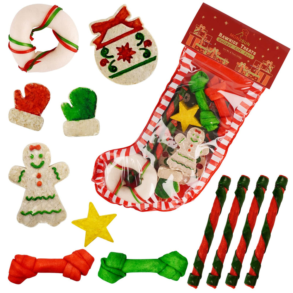 MON2SUN Christmas dog rawhide stocking packaging for small dogs offers festive fun