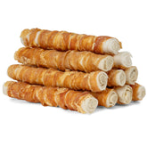MON2SUN dog treats 9in chicken-wrapped rawhide roll close-up for teeth cleaning.