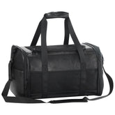 Monanller fashion leather dog carrier under-seat view for airline travel.