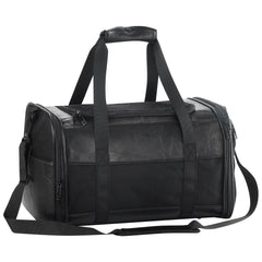 Monanller fashion leather dog carrier under-seat view for airline travel.