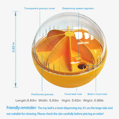 Monotre dog treat ball speed regulator for customizable challenge during play.
