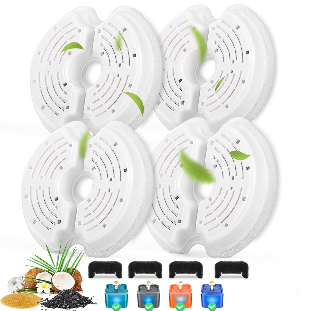 Monsin cat fountain filter pack open shows eight replacement filters for cleaner water