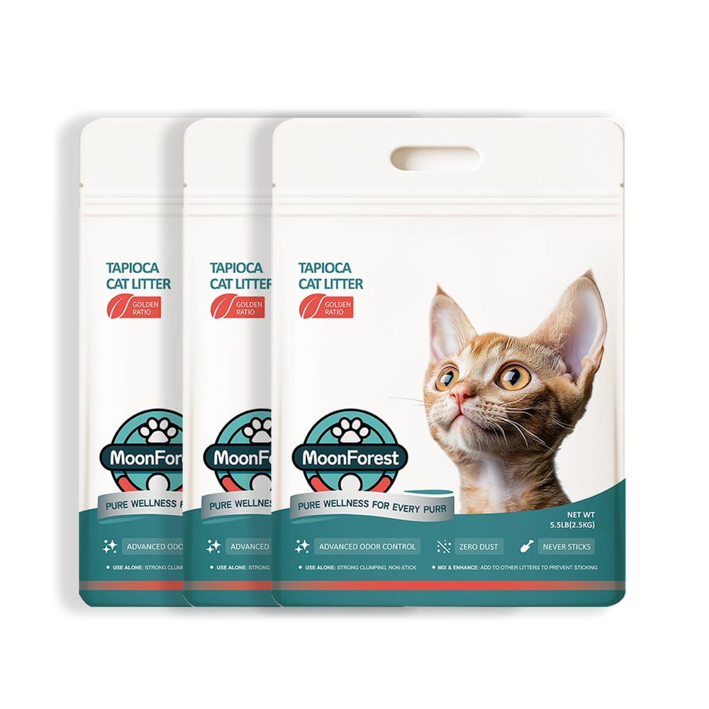 MOONFOREST Tapioca Cat Litter odor-control close-up highlighting activated carbon.