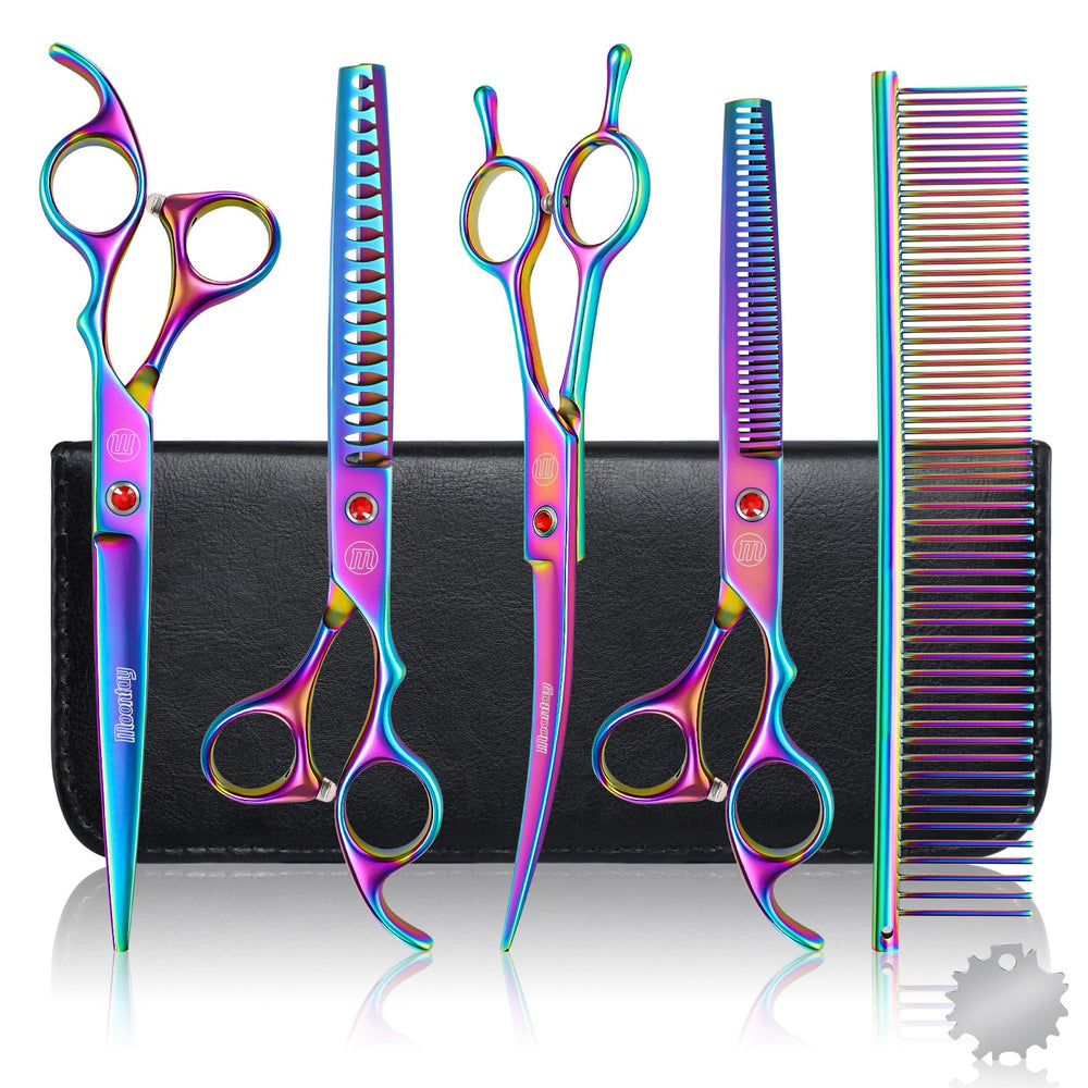 Moontay professional dog grooming scissors 7inch straight closeup for precise body and fur trimming.