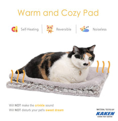 Mora Pets self-heating pad material detail highlights heat-reflecting layers for safe warmth.