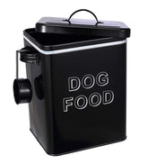 Morezi dog food storage tin with lid and scoop on counter keeps kibble fresh and accessible.