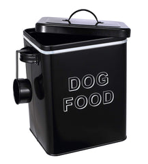 Morezi dog food storage tin with lid and scoop on counter keeps kibble fresh and accessible.