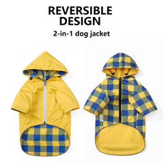 Morezi dog raincoat side view with harness hole and back pocket.