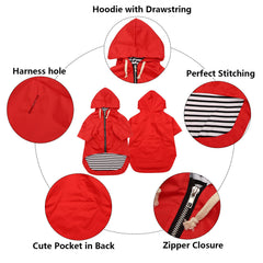 Morezi dog raincoat red rolled-sleeves design for short legs with stripe detail