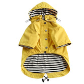 Morezi dog raincoat shows zip front with removable hood for rainy walks.