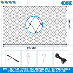 MorningRo cat netting packaging shows included hooks, ties, and rope for easy setup.