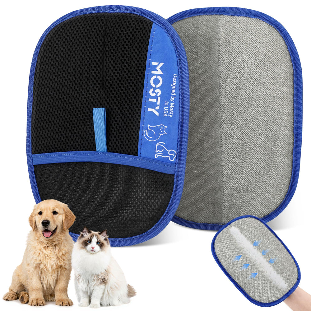 Mosty pet hair removal glove front view showing double-sided design for quick fur lift.