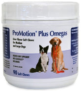 Motion Pro Promotion Plus Omegas Soft Chews bottle highlighting omega-rich formula for potential joint support.