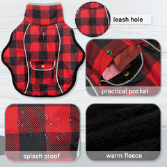 MOTZABO dog winter coat leash hole closeup demonstrates harness compatibility on outdoor walks.