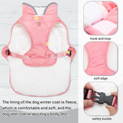 MOTZABO dog winter coat leash hole pocket detail for harness and storage