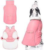 MOTZABO dog winter coat pink front view showing snug fit for cold-weather walks