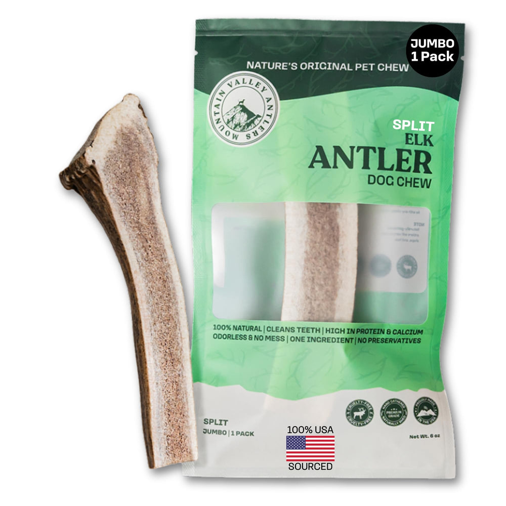 Mountain Valley Antlers elk antler jumbo-split image demonstrates a durable chew for powerful chewers.