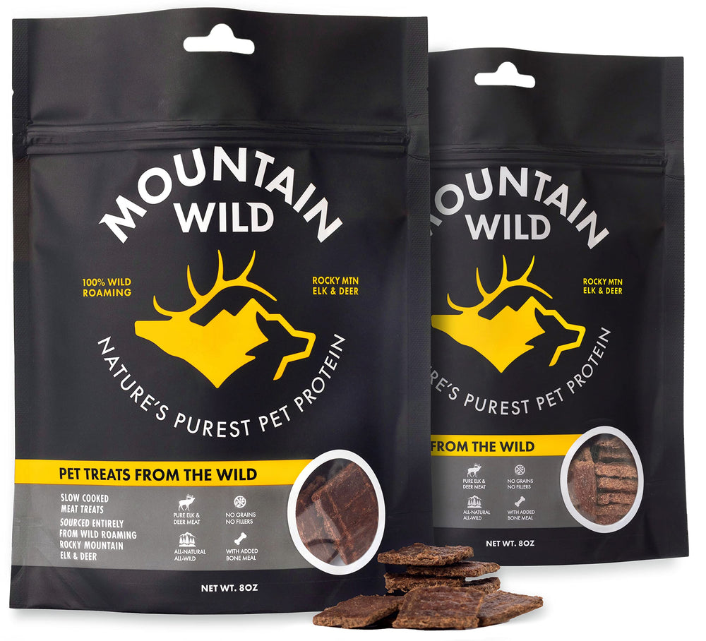 MOUNTAIN WILD venison jerky treats packaging shows all-natural protein for daily rewards