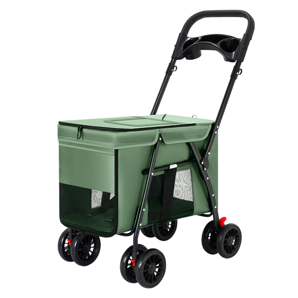 MOV COMPRA pet stroller green, folded for compact storage and travel