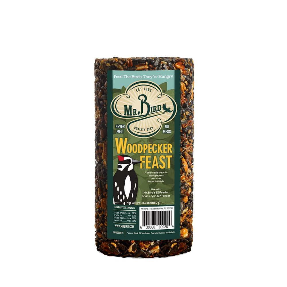 Mr. Bird Woodpecker Feast packaging highlights a dense, nutrient-rich mix to attract backyard woodpeckers.