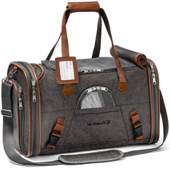 Mr. Peanut's airline-approved soft-sided carrier, front view, under-seat travel ready