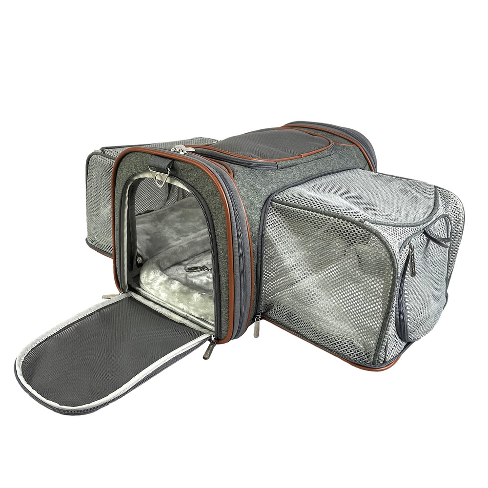 Mr. Peanut's Big Apple XL carrier side view highlights expandable space for comfortable travel.
