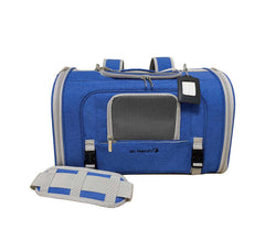 Mr. Peanut's Monterey blue backpack side view for easy hands-free travel with a small pet.