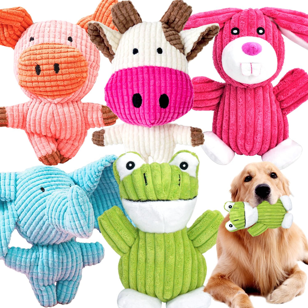MRSOHRET 5-pack squeaky dog toys featuring plush animals for interactive play and mental stimulation.