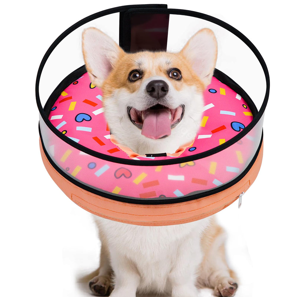 MRSOHRET pink doughnut dog cone on a dog for comfortable post-surgery recovery and visibility